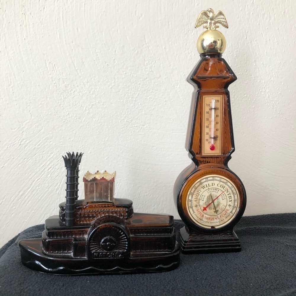 Vtg Avon Side Wheeler and Weather or Not Bottles
